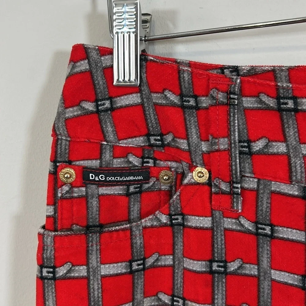 Dolce and Gabbana Velvet Pants Belt Check Print Red Checkered Womens Y2K D&G 10 - Picture 3 of 13